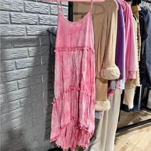 Lola + The Boys Pink Spaghetti Strap Dress with Pom Trim